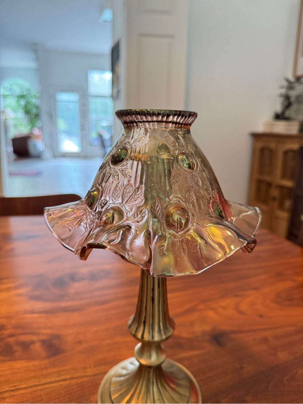Vintage Iridescent Glass Lamp Shade - Gold-Tinted Pink